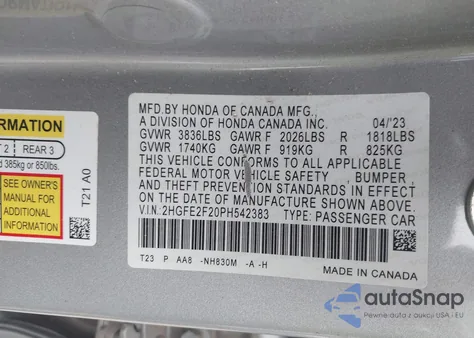 2023 Honda Civic Lx from USA, damaged, VIN 2HGFE2F20PH542383